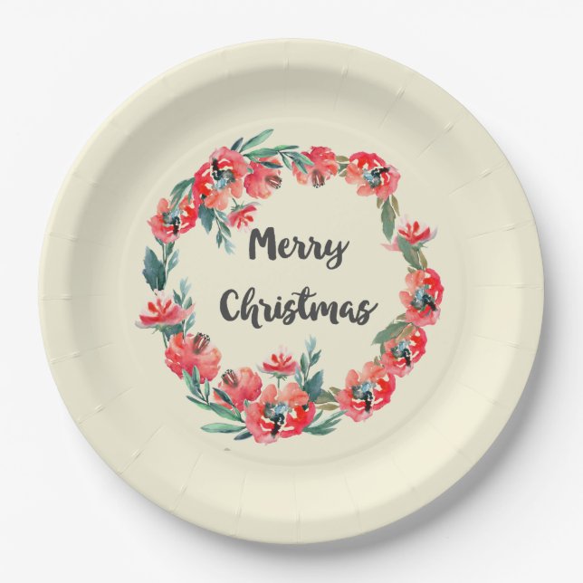 Merry Christmas Red Floral Watercolor Wreath Paper Plate (Front)