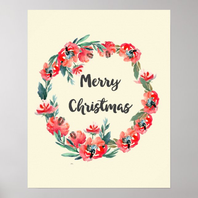 Merry Christmas Red Floral Watercolor Wreath Poster (Front)