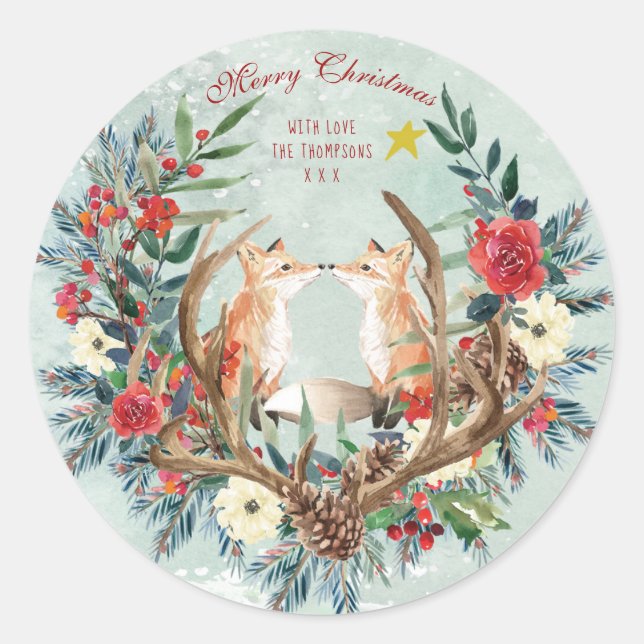 Merry christmas red floral winter foxes classic round sticker (Front)