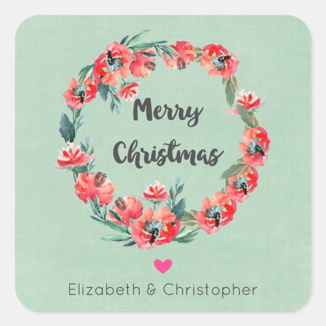 Merry Christmas Red Floral Wreath & Heart Square Sticker (Front)