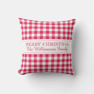Merry Christmas Red Gingham Monogram Name Outdoor Pillow