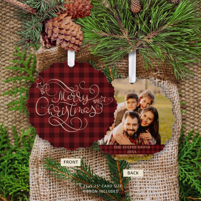Merry Christmas Red Gingham Script Photo Ornament Card (Creator Uploaded)