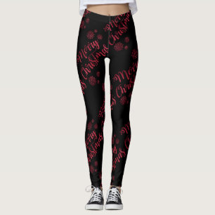 Merry Christmas Red Glitter Black Leggings