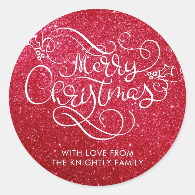 Merry Christmas Red Glitter Script Typography Classic Round Sticker (Front)