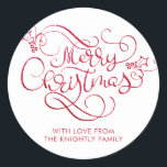 Merry Christmas Red Glitter Script Typography Classic Round Sticker<br><div class="desc">Personalized Christmas stickers with the greeting MERRY CHRISTMAS in a retro and elegant calligraphy script typography in faux red glitter. Utilize as gift tags or return address envelope seals. ASSISTANCE: For help with design modification or personalization, colour change, transferring the design to another product or if you would like coordinating...</div>