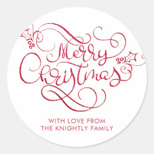 Merry Christmas Red Glitter Script Typography Classic Round Sticker