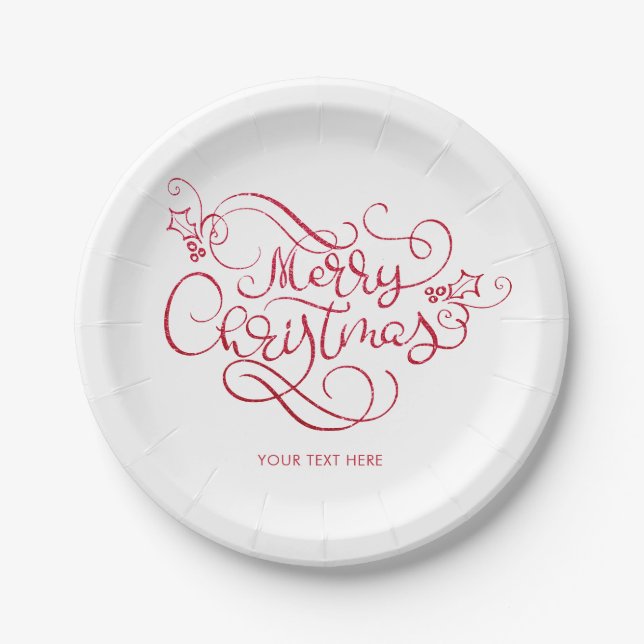 Merry Christmas Red Glitter Script Typography Paper Plate (Front)