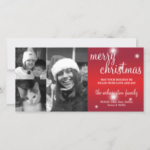 Merry Christmas red glow white snow photo greeting Holiday Card