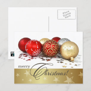 Merry Christmas. Red Gold Baubles Holiday Postcard