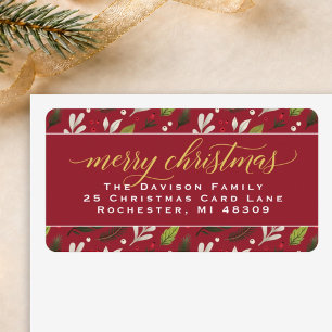 Merry Christmas Red Gold Elegant Script Address Label