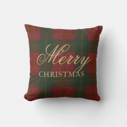 Merry Christmas Red Gold Green Tartan Throw Pillow
