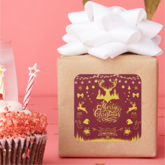 Merry Christmas Red & Gold Imitation Square Sticker