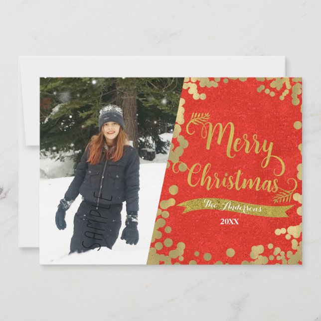 Merry Christmas Red & Gold Modern Photo Holiday Card (Front)