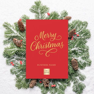 Merry Christmas red gold script business logo Holiday Card