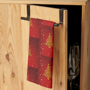 Merry Christmas Red Gold Tree Stars  Kitchen Towel