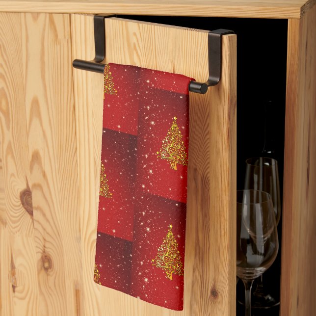 Merry Christmas Red Gold Tree Stars  Kitchen Towel (Thirds Fold)