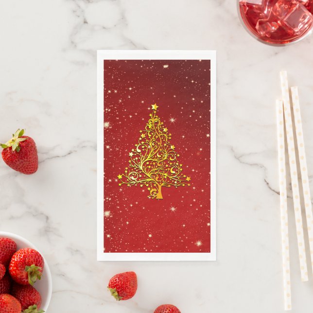 Merry Christmas Red Gold Tree Stars  Napkin (Insitu)