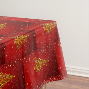 Merry Christmas Red Gold Tree Stars Tablecloth