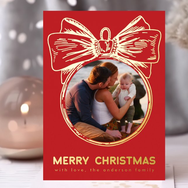 Merry Christmas Red Golden Multi Photo Ornament Foil Holiday Card (Creator Uploaded)
