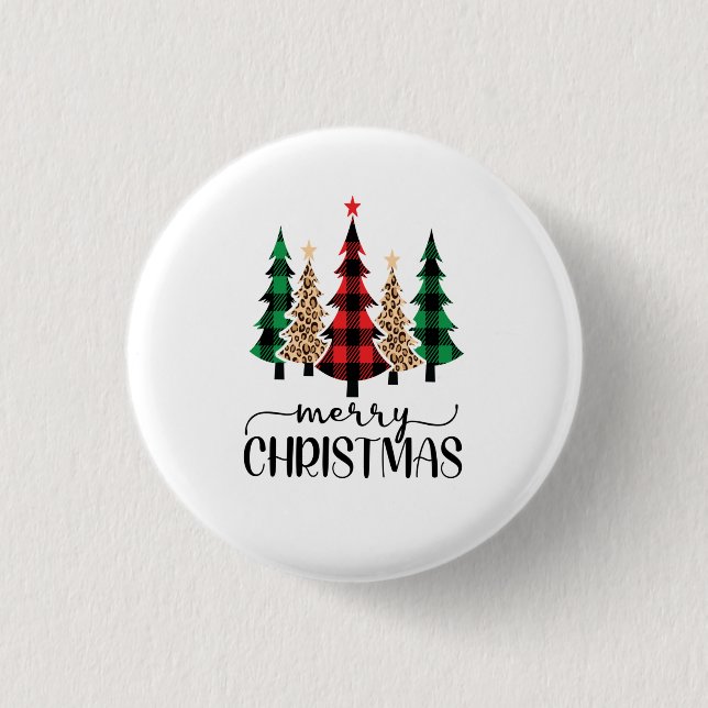 Merry Christmas Red Green and Black Plaid Trees 1 Inch Round Button (Front)