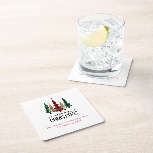 Merry Christmas Red Green and Black Plaid Trees Square Paper Coaster (Insitu)