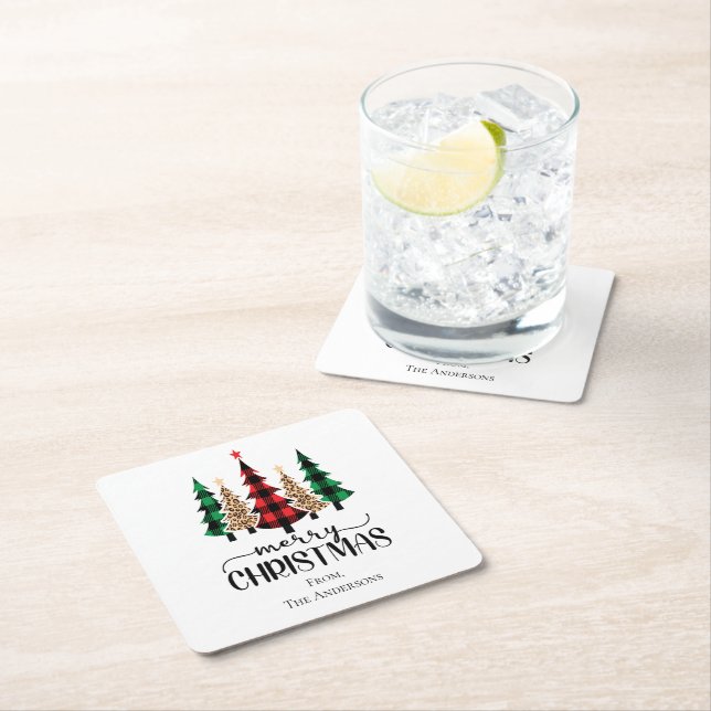 Merry Christmas Red Green and Black Plaid Trees Square Paper Coaster (Insitu)