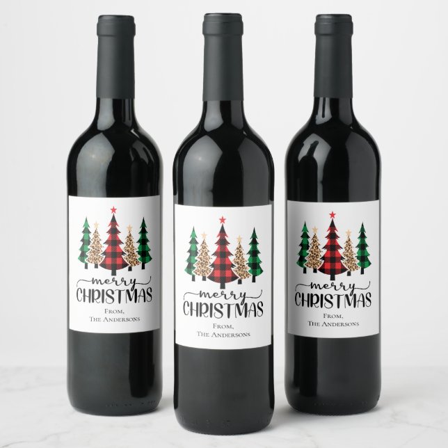 Merry Christmas Red Green and Black Plaid Trees Wine Label (Bottles)