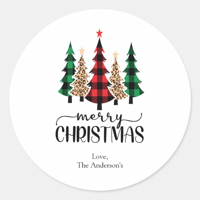 Merry Christmas Red Green Black Plaid Trees Card Classic Round Sticker (Front)