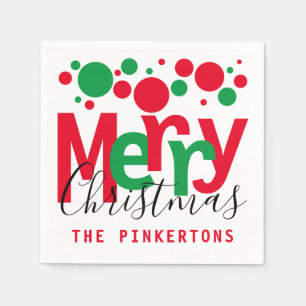 Merry Christmas Red Green Dots Typography Monogram Napkin