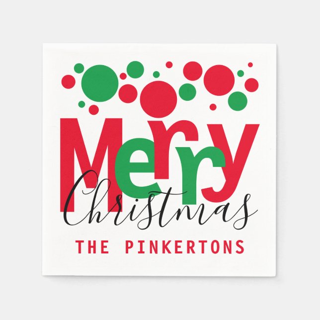 Merry Christmas Red Green Dots Typography Monogram Napkin (Front)