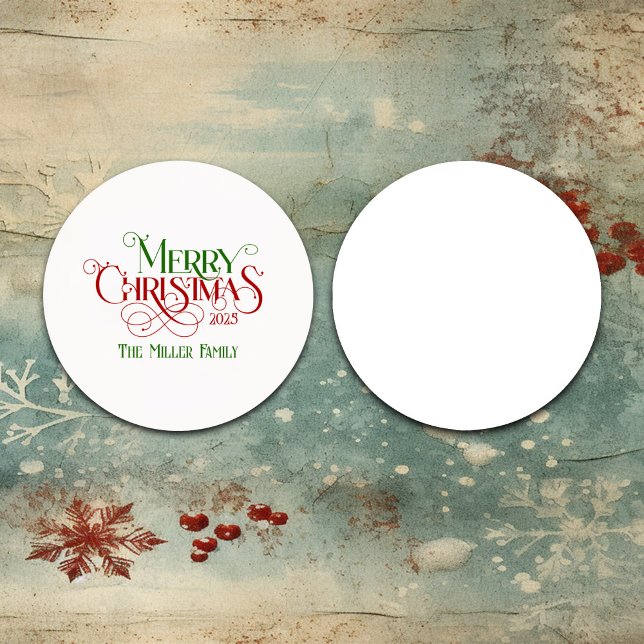 Merry Christmas Red Green Festive Retro Typography Round Paper Coaster (Creator Uploaded)