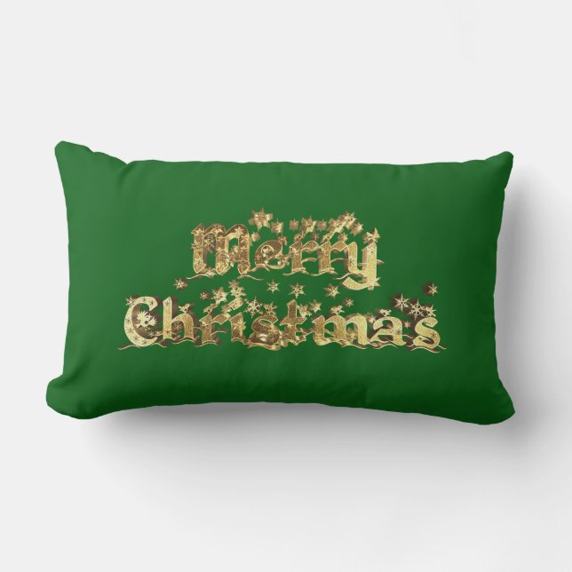 Merry Christmas Red Green Gold Star Typography Lumbar Pillow (Front)
