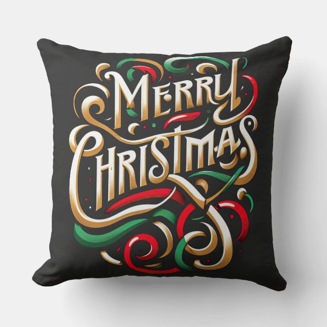 Merry Christmas Red Green Gold Throw Pillow (Front)