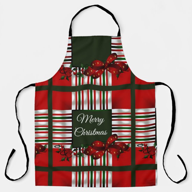 Merry Christmas Red Green Plaid Apron (Front)