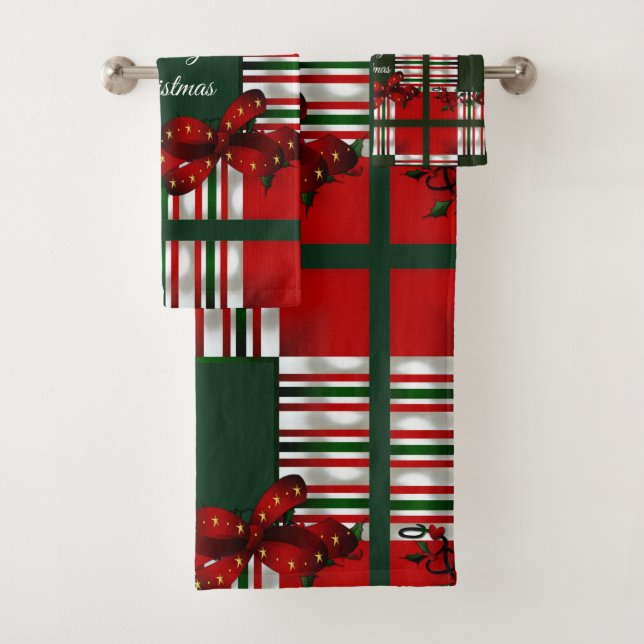 Merry Christmas Red Green Plaid Bath Towel Set (Insitu)