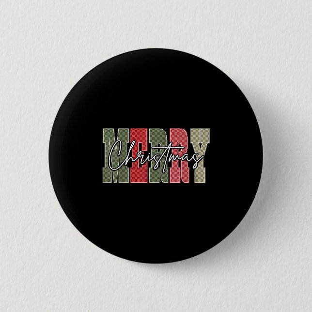 Merry Christmas Red Green Plaid Chequered Xmas Gir 2 Inch Round Button (Front)