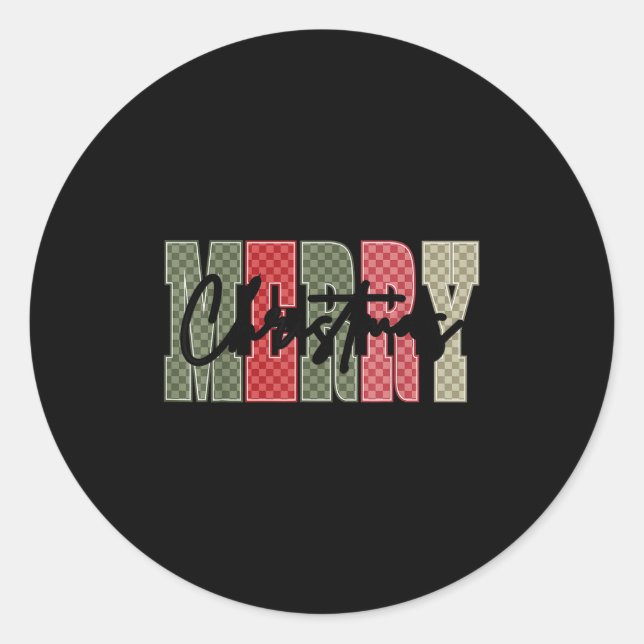 Merry Christmas Red Green Plaid Chequered Xmas Gir Classic Round Sticker (Front)
