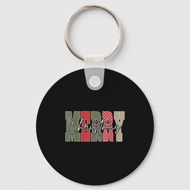 Merry Christmas Red Green Plaid Chequered Xmas Gir Keychain (Front)