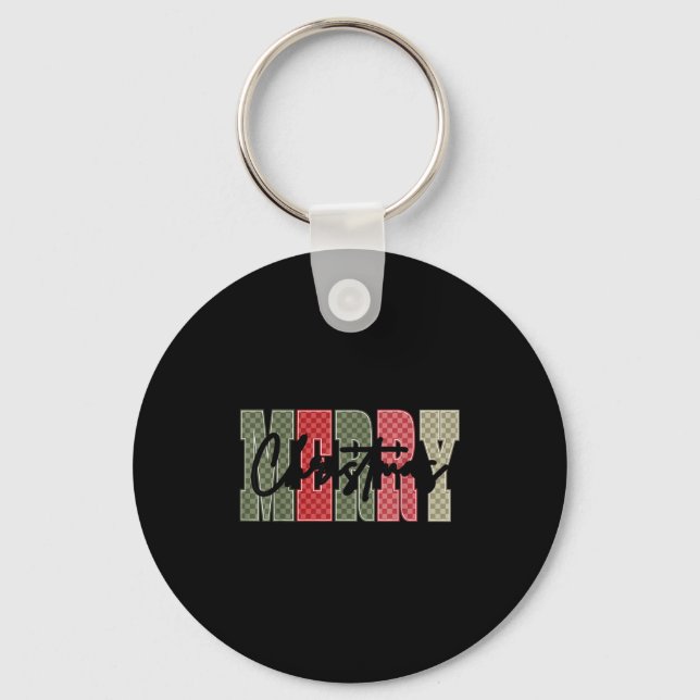 Merry Christmas Red Green Plaid Chequered Xmas Gir Keychain (Front)