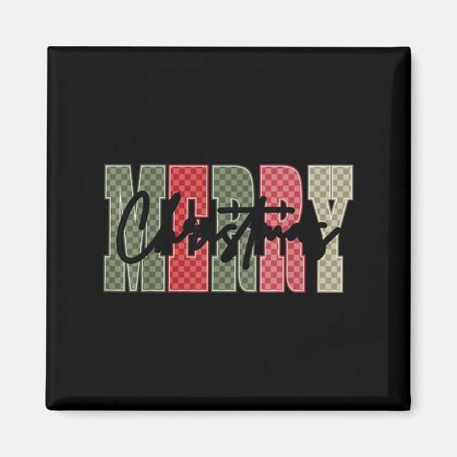 Merry Christmas Red Green Plaid Chequered Xmas Gir Magnet (Front)