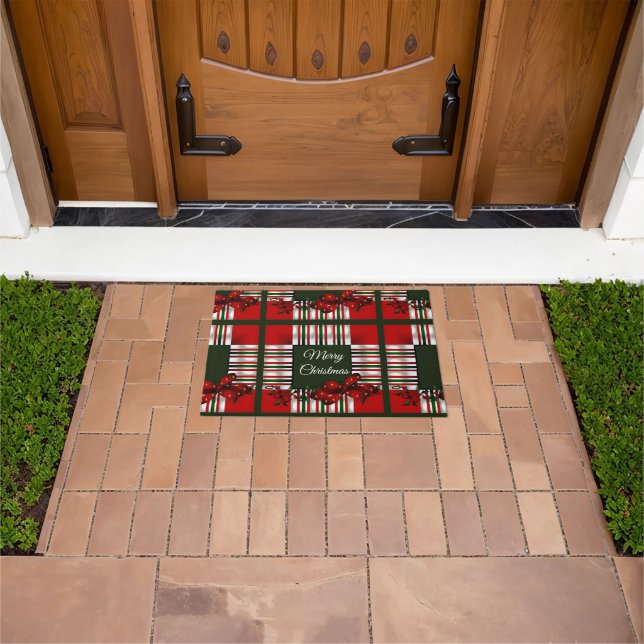 Merry Christmas Red Green Plaid Doormat (Outdoor)