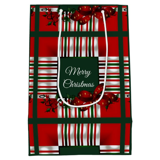 Merry Christmas Red Green Plaid Medium Gift Bag (Back)