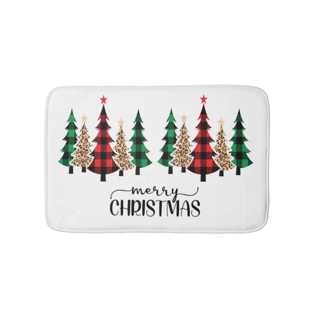 Merry Christmas Red Green Plaid Trees Bath Mat (Front)