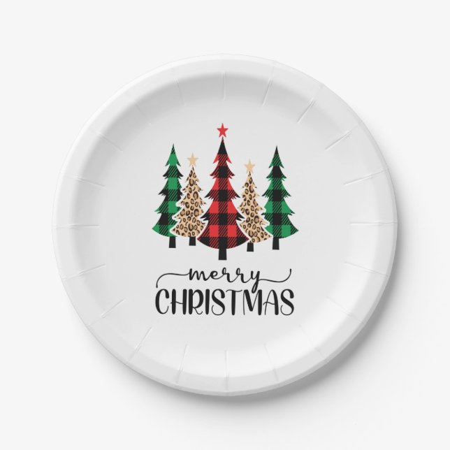 Merry Christmas Red Green Plaid Trees Paper Plate (Front)