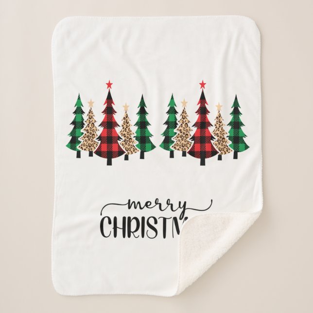 Merry Christmas Red Green Plaid Trees  Sherpa Blanket (Front)