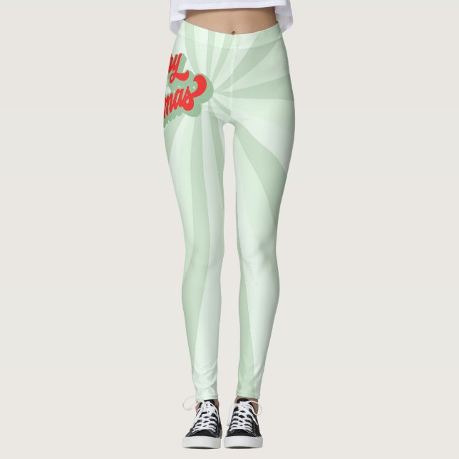 Merry Christmas Red Green Retro Calligraphy Script Leggings (Front)