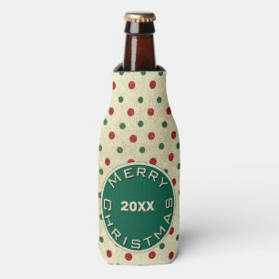Merry Christmas Red Green Retro Dots Pattern Bottle Cooler