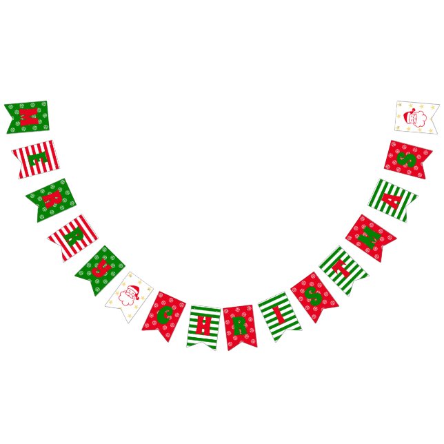 Merry Christmas Red Green Snowflakes Stripes Santa Bunting Flags (All)