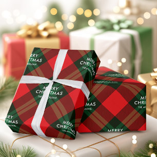 Merry Christmas Red Green Tartan Brand Family Name Wrapping Paper