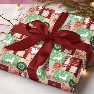 Merry Christmas Red Green Tartan Patchwork Wrapping Paper